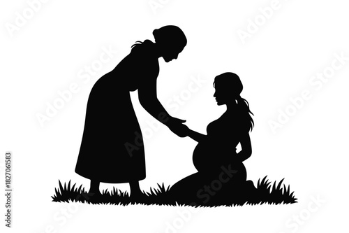 Silhouette of a woman helping a pregnant woman in a field