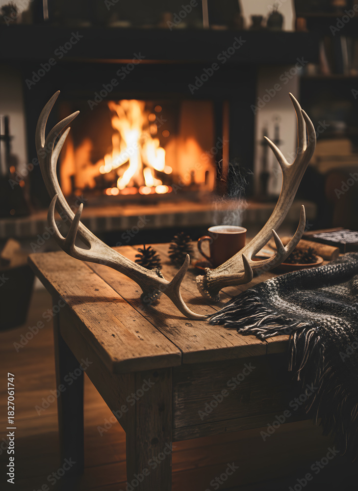 Fototapeta premium Antlers and Mug on Rustic Table by Glowing Fireplace
