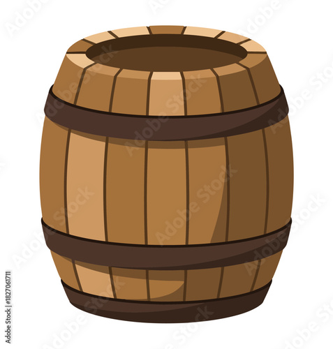 A wooden barrel with metal bands sits on a white background.