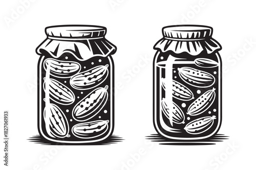 Two jars of pickled cucumbers in a vintage illustration style