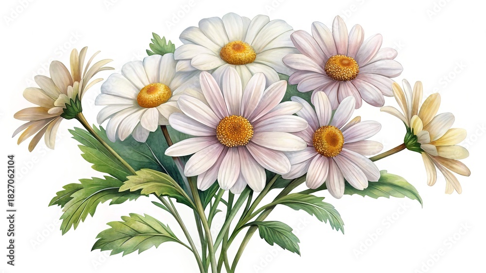 Obraz premium Beautiful watercolor painting of a daisy bouquet, with soft colors and light background
