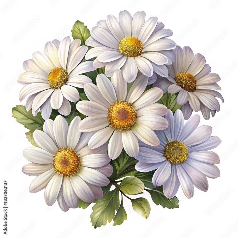 Fototapeta premium Elegant Bunch of White Daisies with Golden Centers and Green Leaves