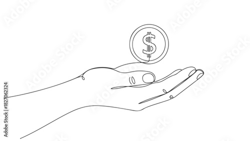 One continuous line art illustration of a hand holding a dollar coin - EPS vector