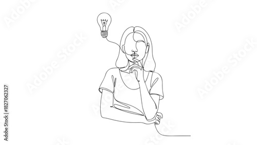 Continuous line art of a woman with a lightbulb symbolizing creativity and new ideas, one stroke drawing