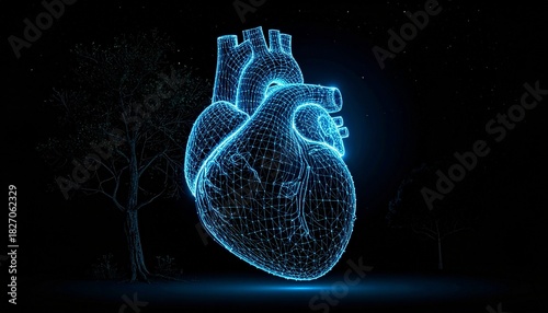 A glowing blue wireframe heart floats against a dark backdrop, merging technology with anatomical precision.