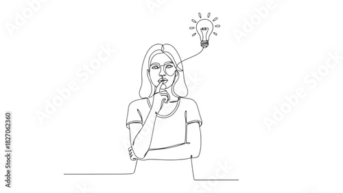 One continuous line art illustration of a thoughtful person with a lightbulb above their head