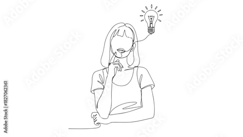 One continuous line art of a woman pondering with a lightbulb idea illustration