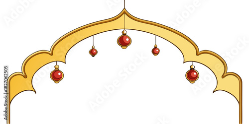 Golden ornate multi-lobed arch decorative frame element with small red hanging baubles vector