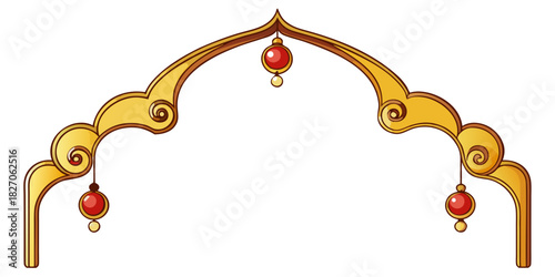 Golden stylized arch gate decorative element with hanging red christmas baubles vector