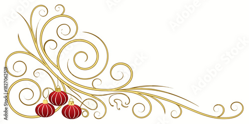 Golden swirl corner ornament with red oriental-style christmas baubles vector