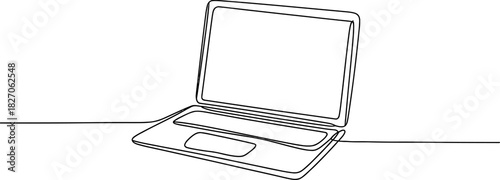 Continuous one line drawing of an open laptop computer on a white background, symbolizing digital technology, work, education, and online connection. Vector, illustration