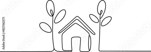 Minimalist continuous line art depicting a small home nestled between two stylized trees, symbolizing nature, growth, and sustainable living Vector, illustration