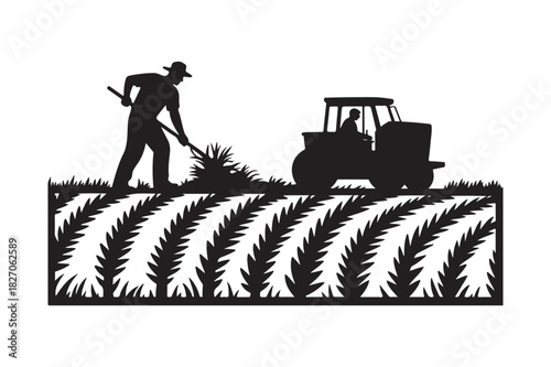 Farmer working field with tractor and crops silhouette