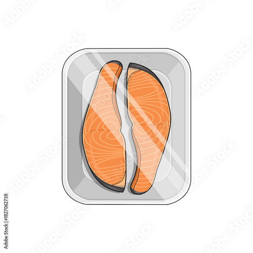 Fresh salmon slices placed neatly in a white styrofoam food tray, showing their bright orange color and clean, natural texture.