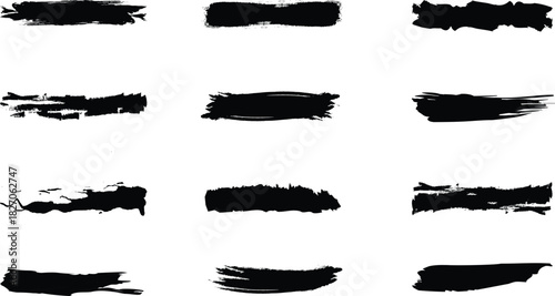  Straight line vector brush strokes. Black hand drawn stripes, smears. Chinese or Japanese calligraphy brushstrokes set. Rough grunge thick paint line texture. Vector sketch rectangle text boxes 