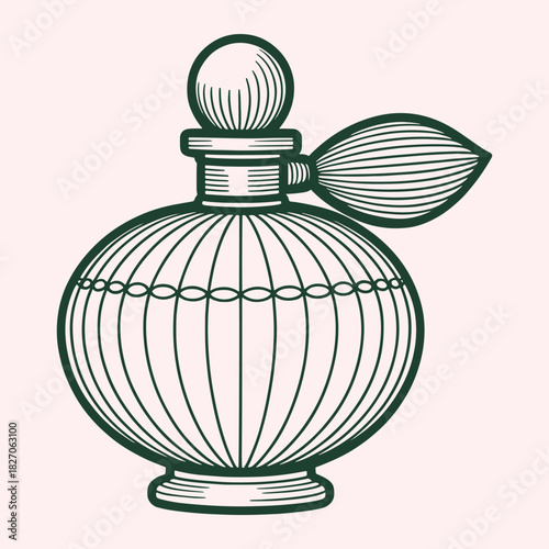 Vintage dark green outline perfume bottle with bulb sprayer on pale pink background illustration