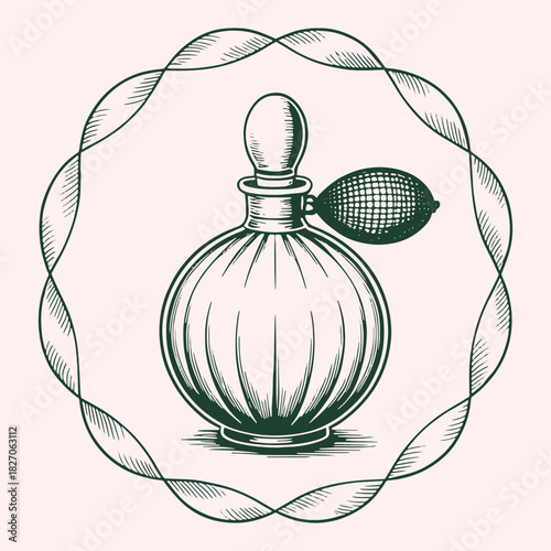 Vintage dark green perfume bottle with bulb sprayer in decorative frame retro antique