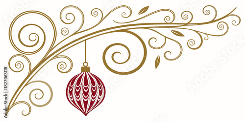 Golden horizontal baroque branch ornament with swirls, leaves and hanging ornate red christmas bauble vector.
