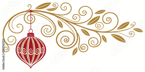 Golden swirling branch corner ornament with hanging ornate red and white christmas bauble vector