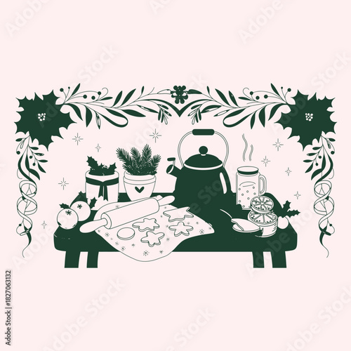 Dark green silhouette of Christmas baking scene with cookies and hot drink rolling pin teapot