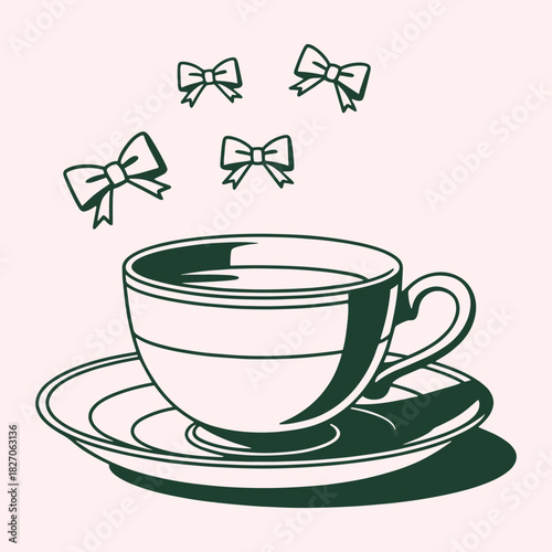 Dark green line art teacup and saucer with floating bows on a pale pink background ribbon drink