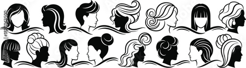 Collection of women hairstyle silhouettes featuring long and short haircuts for beauty salon and hairdresser logo design.