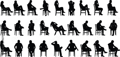 Collection of black silhouettes of people sitting on chairs, men and women in various poses isolated on white background.