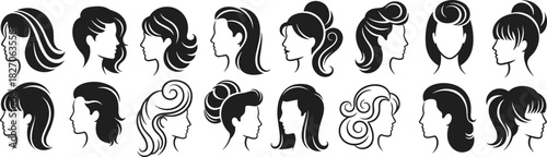 Collection of women hairstyle silhouettes, black female head profiles featuring various haircuts and styling for beauty salon logo design.