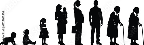 Human lifecycle silhouettes showing baby, child, mother, business woman, man, and elderly senior generations isolated on white background.
