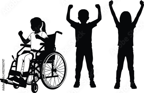 Silhouette of inclusive group of happy children including disabled girl in wheelchair and friends celebrating victory, isolated vector.