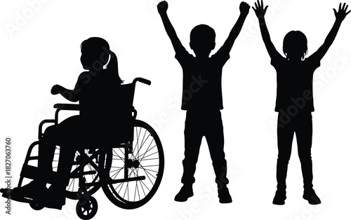 Silhouette of happy children including disabled girl in wheelchair and friends raising hands up, isolated vector illustration.