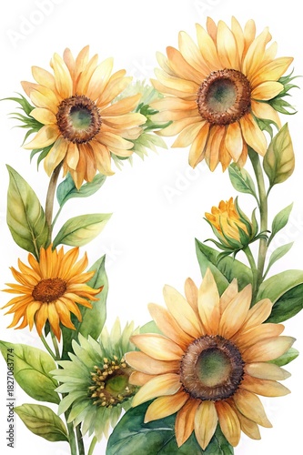 Watercolor illustration of a sunflower frame with vibrant petals and leaves