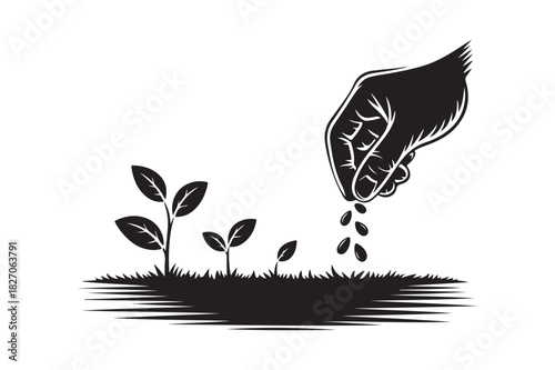 Hand planting seeds and growing plants illustration