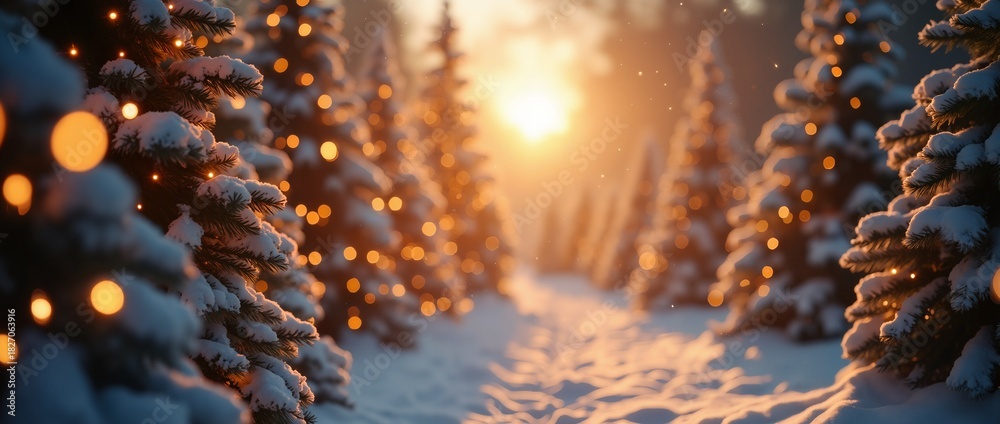 Obraz premium Christmas background banner with a winter alley among snow-covered fir trees with christmas lights in soft garland light