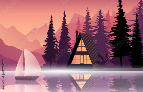 A peaceful cabin rests by the lakeshore, with tall pine trees and distant mountains framing the scene. A sailboat glides gently on the calm water, reflecting the warm colors of sunset