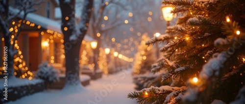 A Christmas banner with a winter alley among houses and snow-covered fir trees decorated with сhristmas lights. An atmospheric winter evening.