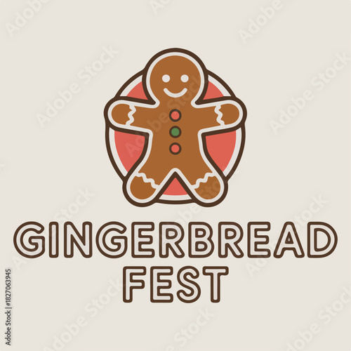 Gingerbread Fest badge with smiling cookie figure and frosting details, sweet holiday baking logo vector for markets, fairs and seasonal promotions