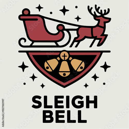Sleigh Bell emblem with Santa sleigh, reindeer and jingling bells, sparkling holiday badge vector for Christmas events, signage and gift packaging