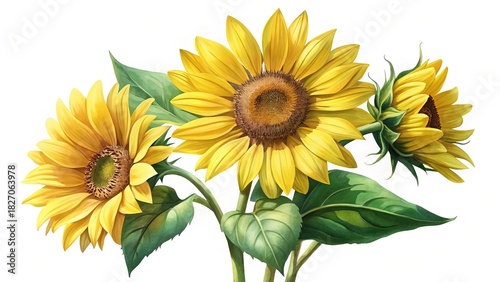 Three Bright Yellow Sunflowers with Green Leaves on a White Background