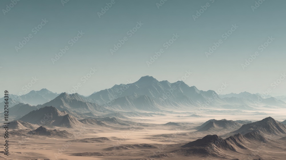 Fototapeta premium A serene desert landscape unfolds with soft dunes and rugged mountains in the distance. The sky is bright and clear hinting at the tranquility of early morning light.