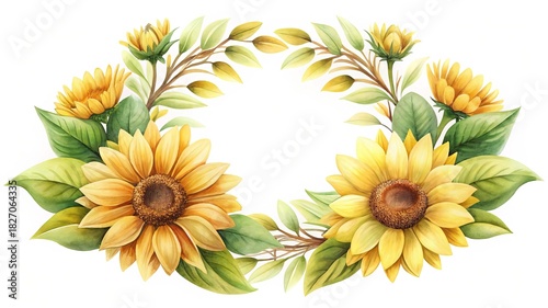 Beautiful watercolor sunflower wreath with green leaves and branches on white background