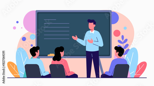 eacher Explaining Lesson on Large Blackboard – Modern Flat Illustration