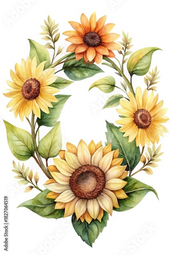 Watercolor Sunflower Wreath with Green Leaves and Yellow and Orange Petals