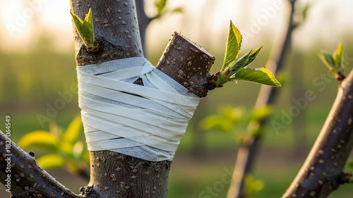 Grafting a young tree branch with tape for growth.