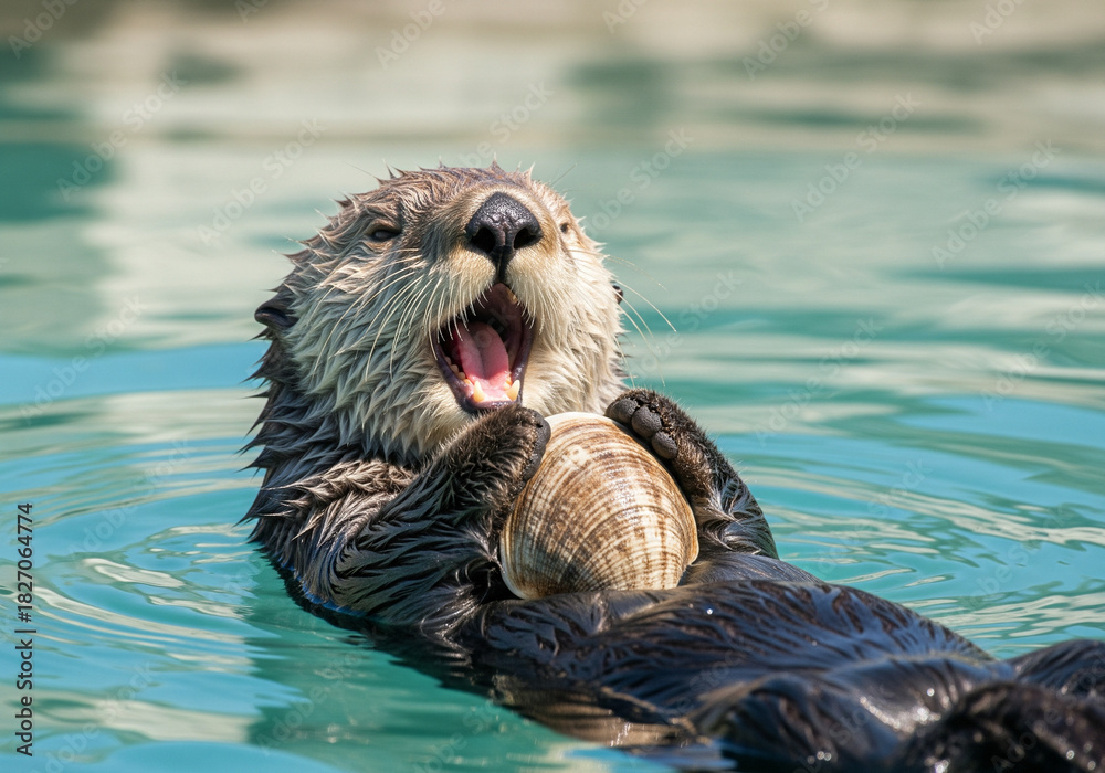 Fototapeta premium Wild sea otter with a cheerful mood cracking a clam while floating on its back in bright blue water.