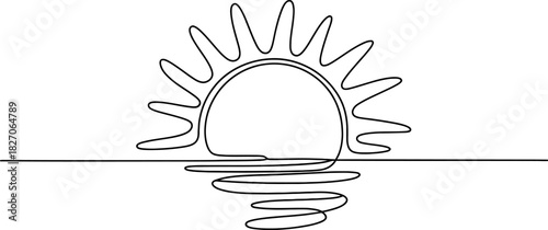 Continuous line art drawing of a minimalist sun setting or rising over the horizon with a wavy water reflection, simple vector design Vector, illustration