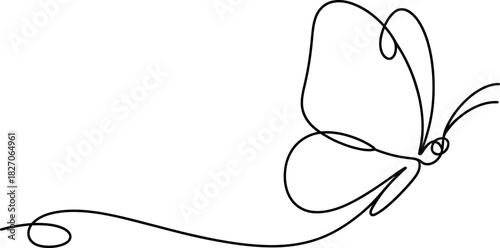 Continuous line art drawing of a graceful butterfly in flight, elegant minimalist insect artwork, simple abstract design on clean white background. Vector, illustration