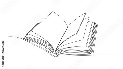 Continuous one line art illustration of an open book with turning pages, a minimalist graphic representation symbolizing education, knowledge, and creative storytelling