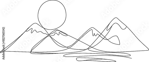 Minimalist continuous line art drawing of a mountain landscape with sun. simple abstract sketch of nature peaks and celestial body. Vector, illustration