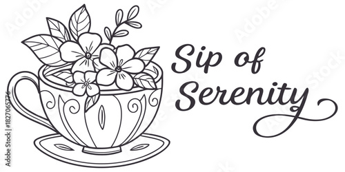 Line sketch of flower-filled teacup with “Sip of Serenity”